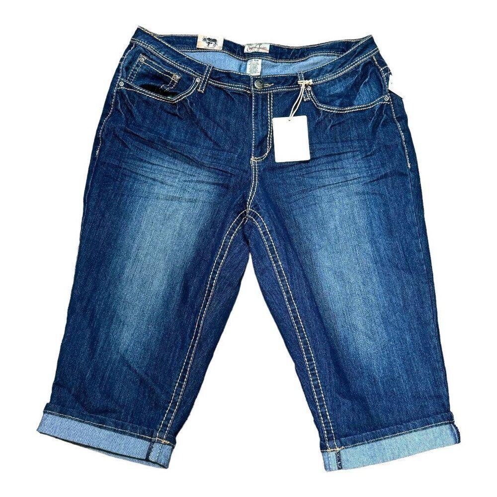 Earl Jean Womens Premium Blue Denim Capri Jeans Size 18W New Cuffed Cross Pocket